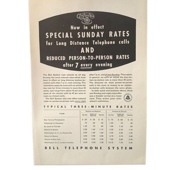 Vintage 1936 Bell Telephone Special Sunday Rates Ad Advertisement